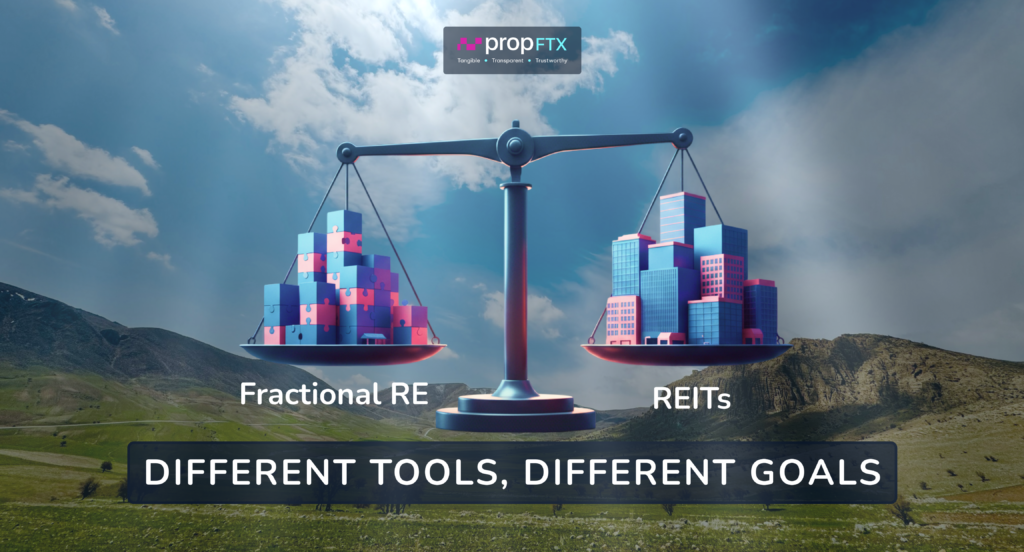 A banner illustrating the choice between Fractional Real Estate and REITs.
