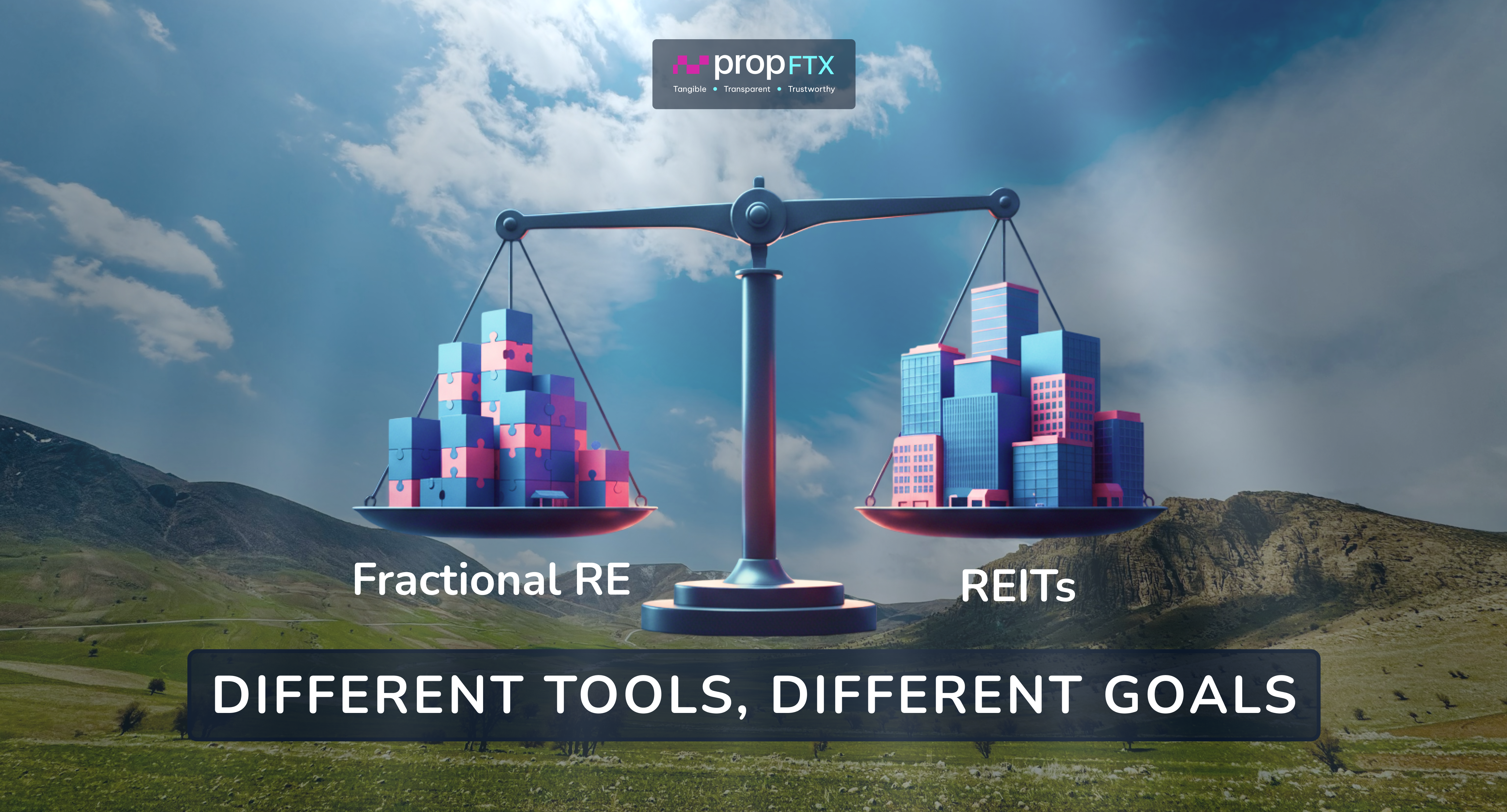 A banner illustrating the choice between Fractional Real Estate and REITs.